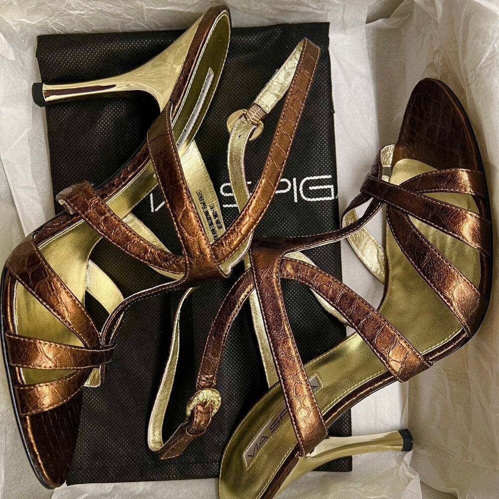 New! Via Spiga Bronze Crocodile Leather High Heel Strappy Sandals 7.5